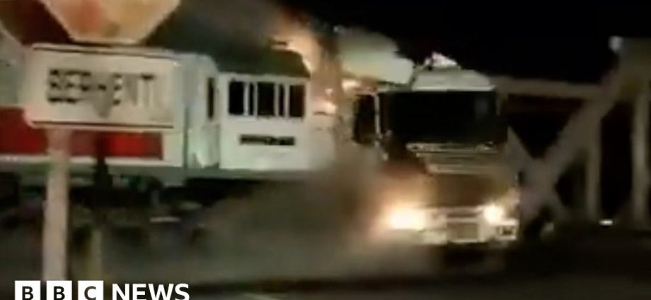 Watch: Fiery crash as train ploughs into truck