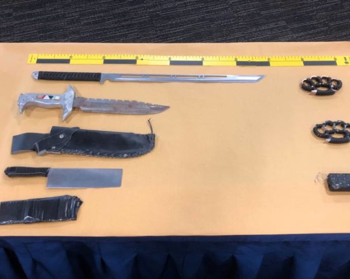 Man arrested for allegedly attacking 2 police officers with stun device; samurai sword among weapons seized