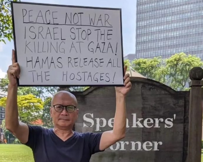 Singapore police investigating activist Gilbert Goh for holding Israel-Hamas sign at Speakers’ Corner