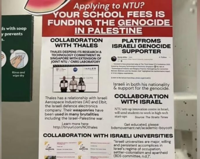 Police probe posters put up in NTU toilet claiming university funding Israel in Gaza war